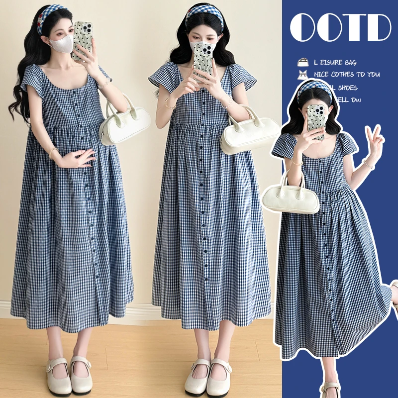 孕妇夏装2025新款夏季潮妈法式格子短袖裙子女孕妈高级穿搭连衣裙