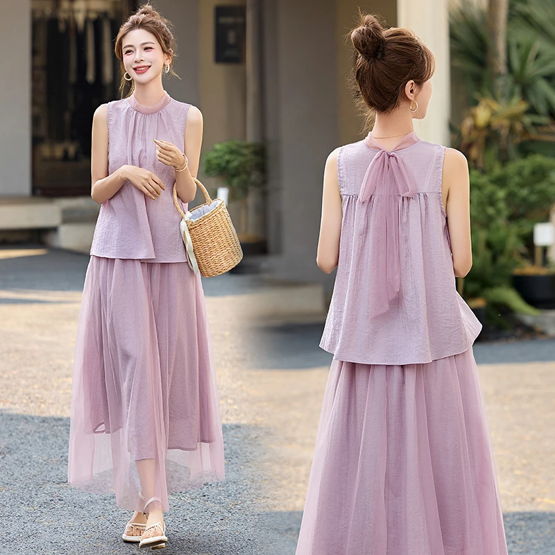 时尚套装女2025夏季新款洋气设计感挂脖系带背心气质半身裙两件套