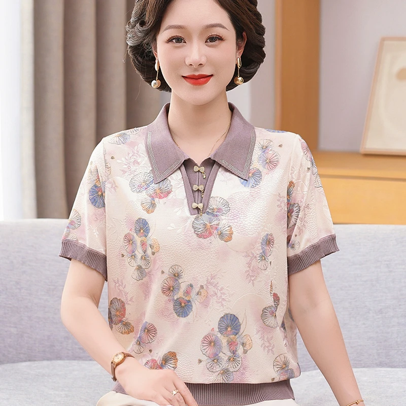 妈妈装夏季新款时尚针织冰丝上衣洋气中老年女宽松翻领短袖T恤衫