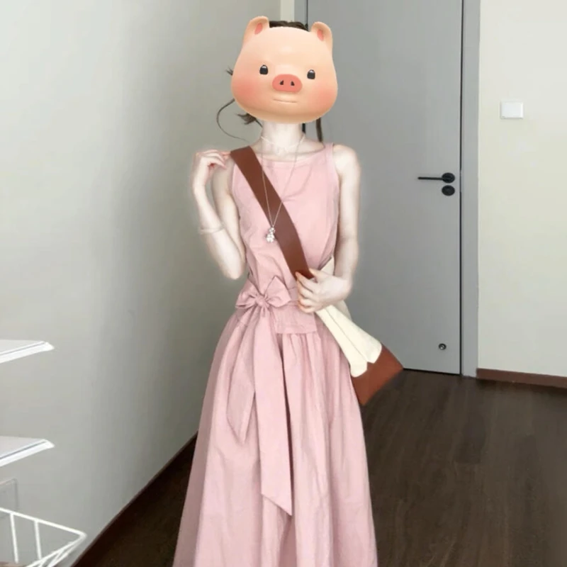 韩系粉色无袖背心连衣裙女装夏季2025新款温婉大方收腰套装长裙子