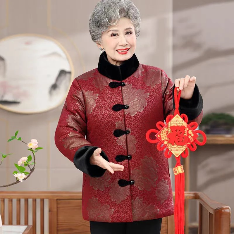 7740 奶奶装中老年妈妈装加绒棉衣外套保暖冬季复古 四号