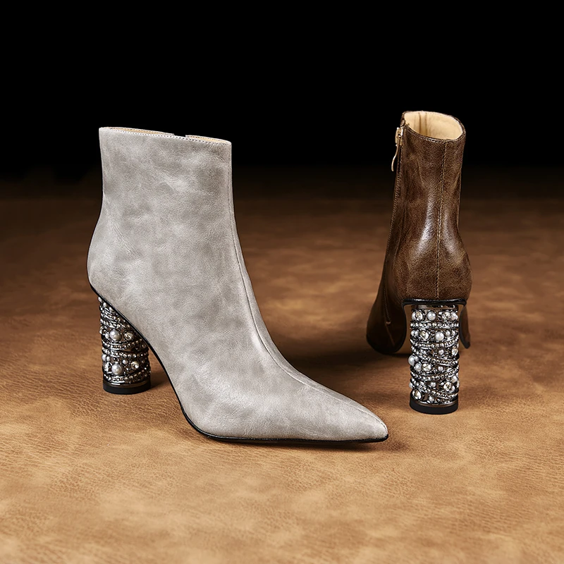 迈露迪尖头高跟中跟圆头短靴灰色瘦瘦靴跟鞋明星同款网红鞋子801