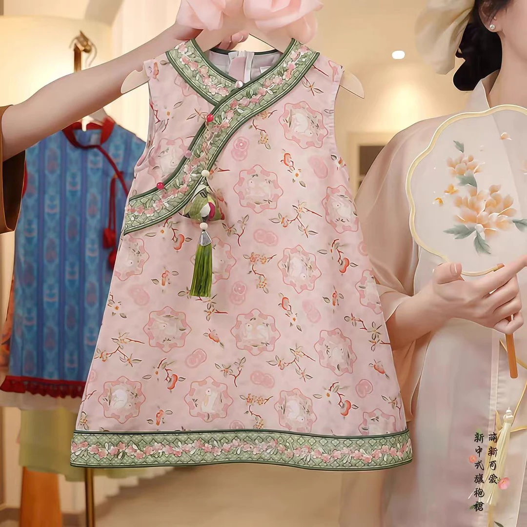 女童国风连衣裙夏季2025新款新中式碎花刺绣旗袍裙无袖背心裙洋气