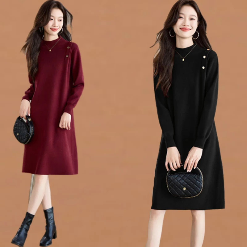 时髦休闲针织连衣裙女秋冬新款配大衣毛衣裙气质内搭中长款打底衫