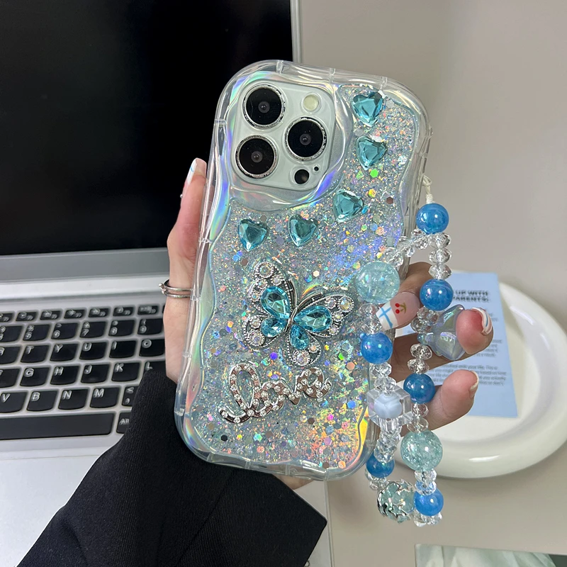 简约ins蓝蝴蝶手机壳高级水钻适用苹果15华为oppo小米vivo荣耀女