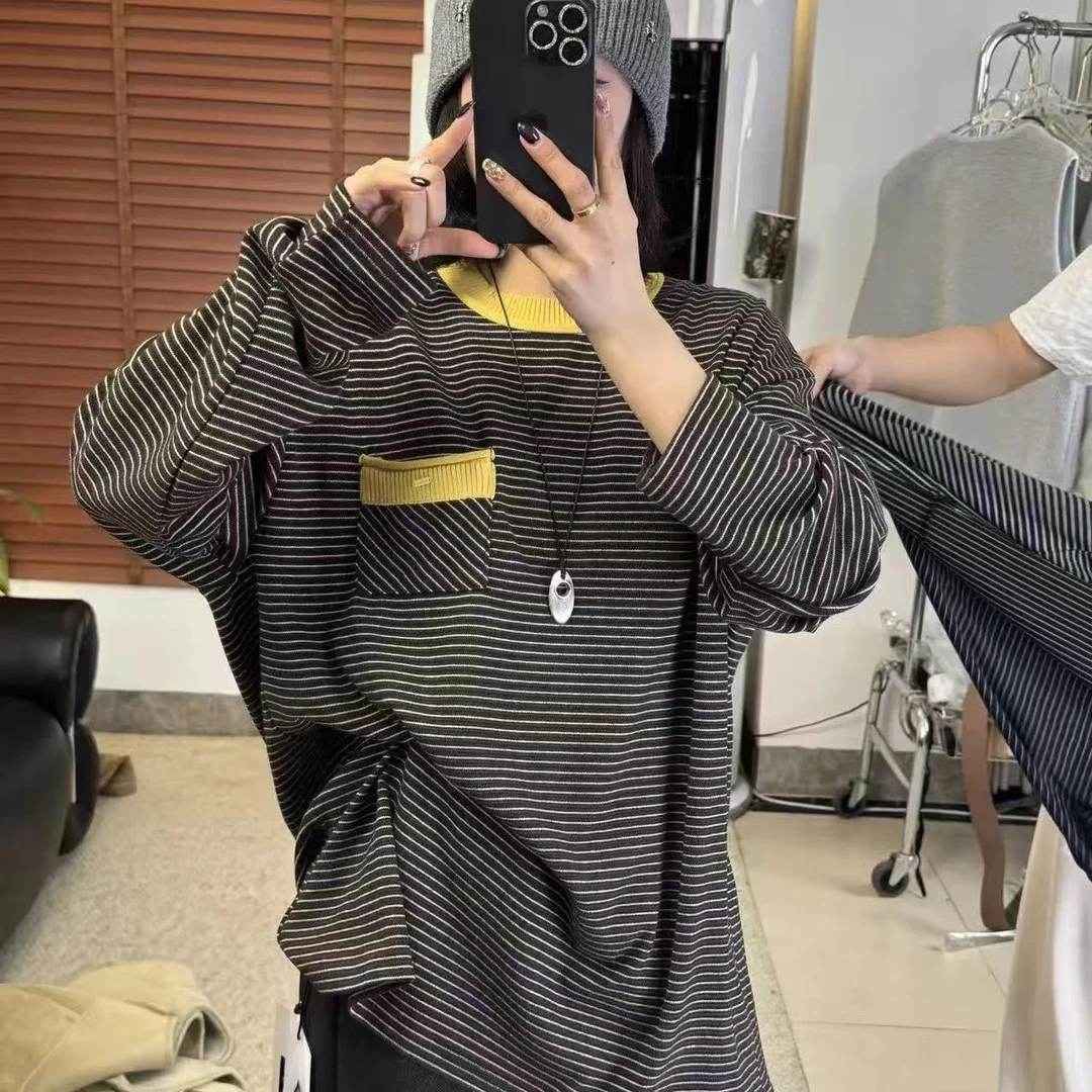 条纹拼接长袖常规款圆领速干T恤撞色秋季显瘦设计感