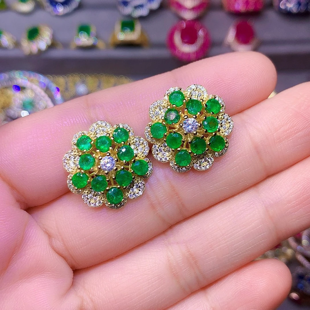 小***小耳饰银S925镶嵌祖母绿