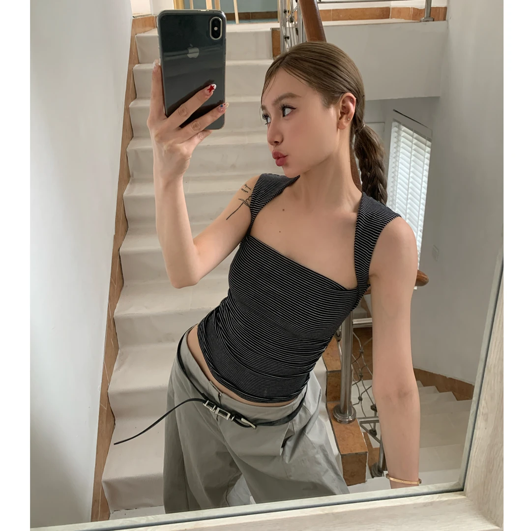 莱赛尔条纹方领背心美式性感高级感内搭外穿吊带上衣#9153