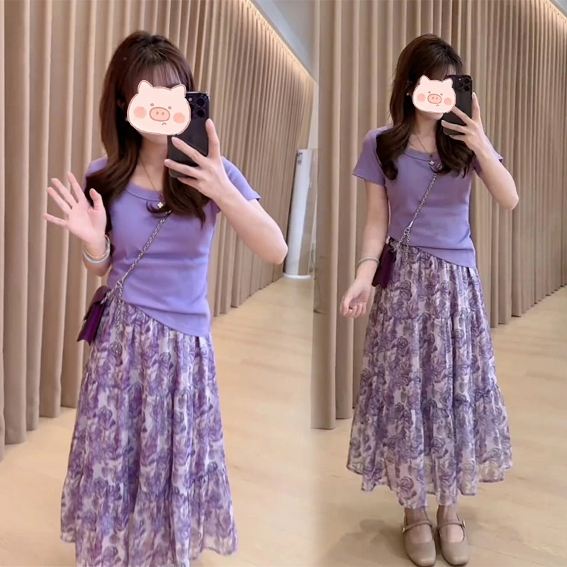 夏季爆款高级感洋气圆领短袖上衣女轻奢气质减龄碎花半身裙两件套