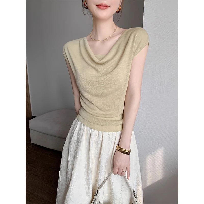 高级感纯欲气质荡领显瘦设计感短袖T恤女春夏新款堆堆领别致上衣