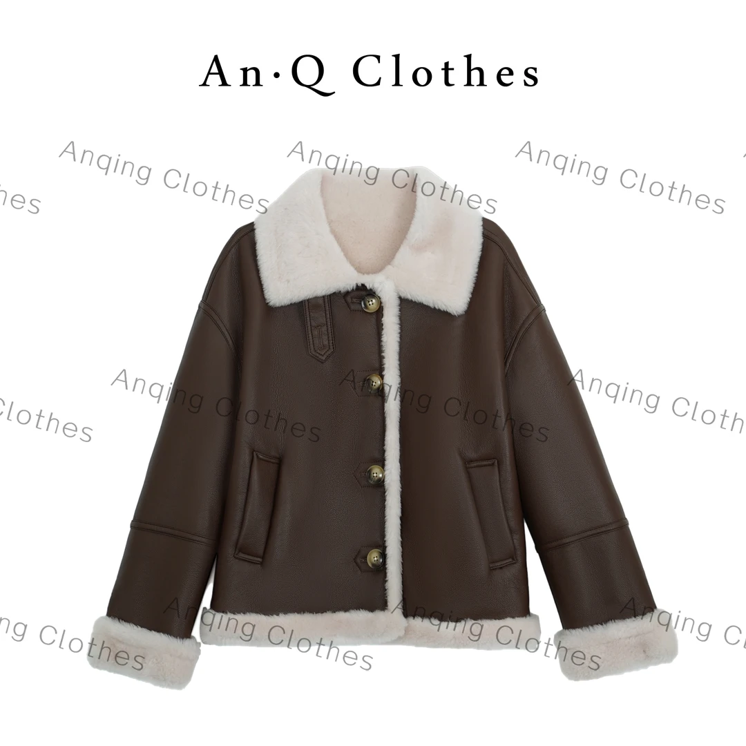 安清 An‘巧克’绵羊毛皮毛一体经典百搭大翻领撞色保暖皮衣33128