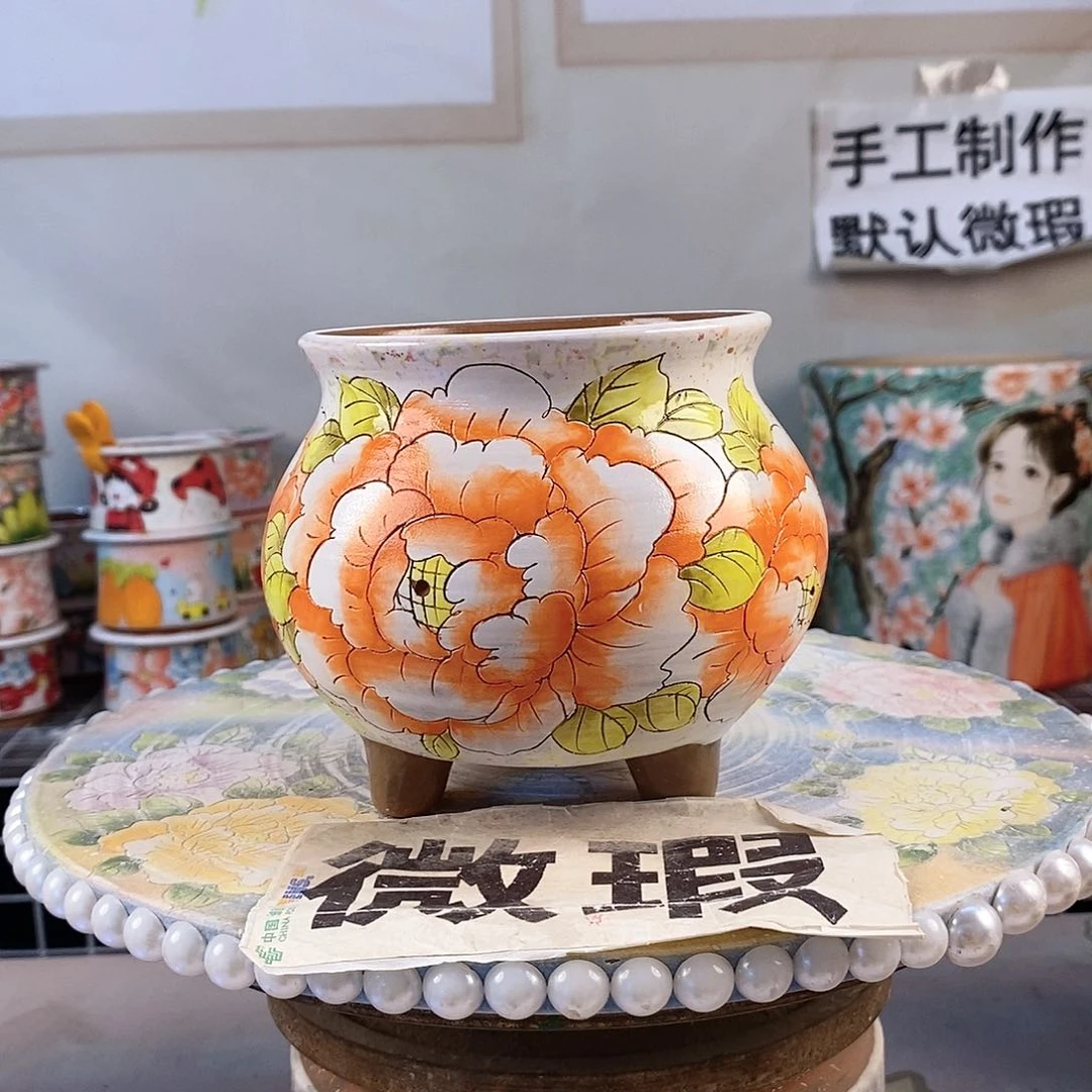 紫砂花盆红陶手绘花盆