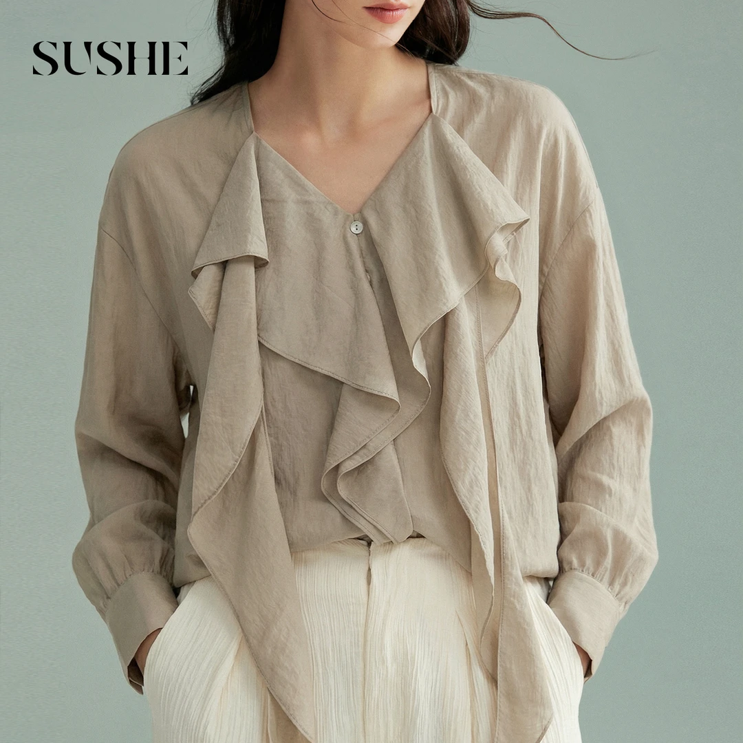 束皙SUSHE【熙语】法式浪漫 铜氨丝精梳棉荷叶边飘带V领垂坠衬衫