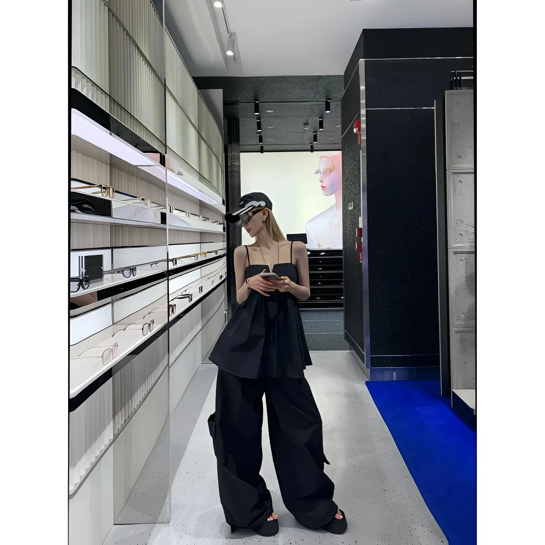 2025夏季新款辣妹气质显瘦两件套黑色高级感吊带上衣阔腿裤套装女