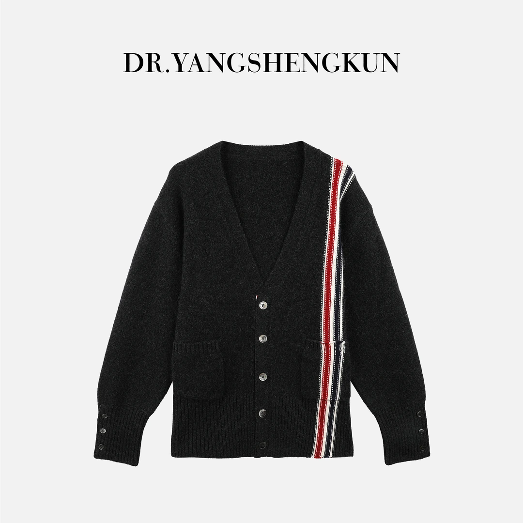 杨圣坤2025新品100%山羊绒三色织带V领加厚长袖针织开衫SL2581803