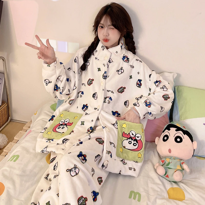 法兰绒睡衣女秋冬季新款加绒加厚高领开衫长袖可爱卡通家居服套装