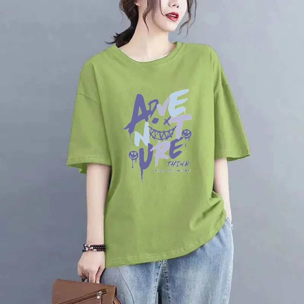 纯棉圆领短袖T恤女夏季新款宽松大码遮肉显瘦洋气减龄休闲上衣潮