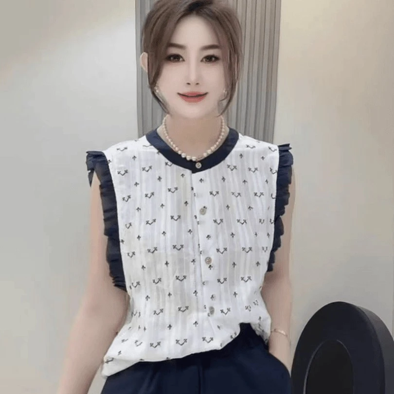 韩系高级感纯棉圆领木耳边无袖衬衫T恤女夏季甜美减龄设计感背心