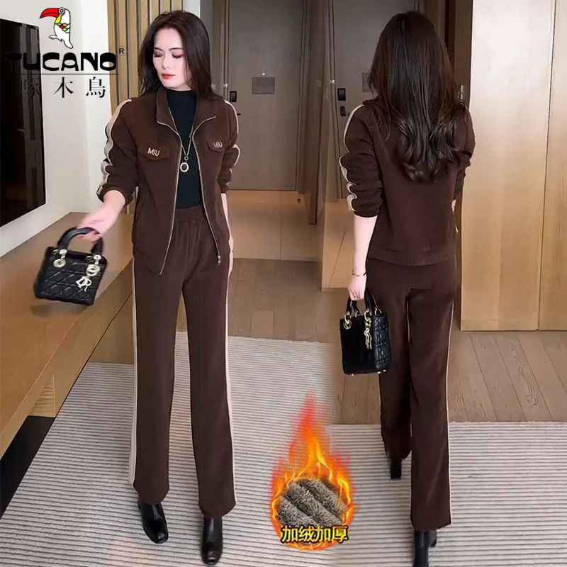 啄木鸟秋季新品女装2025时尚加绒减龄上档次俩件时髦洋气短外套女