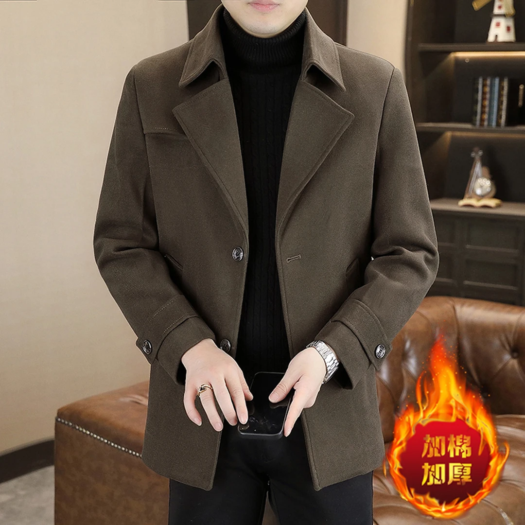 约文库费毛呢大衣男士冬季中长款加棉加厚保暖休闲西装领风衣外套