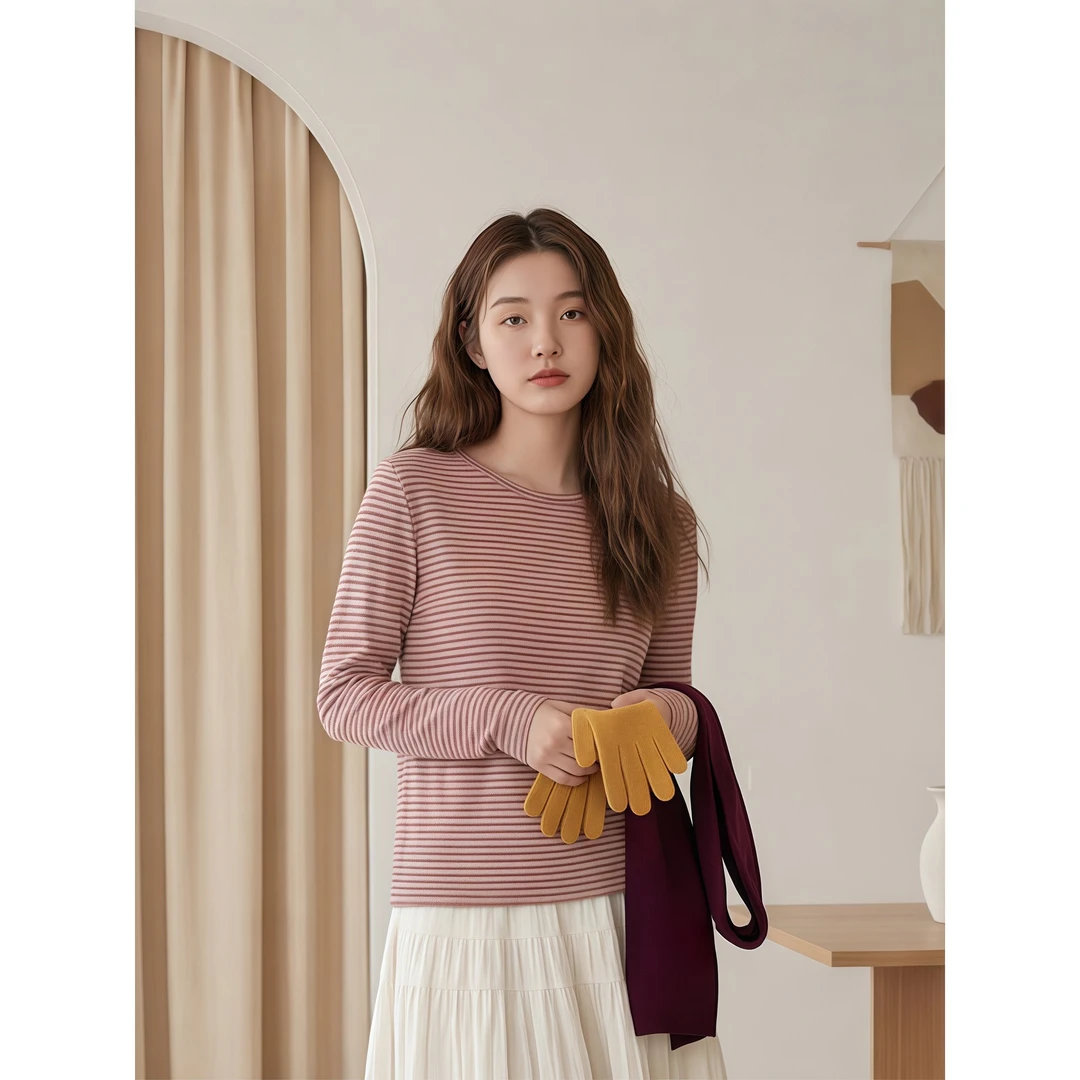 韩系撞色条纹圆领T恤打底衫女秋冬季款气质简约百搭减龄套头上衣