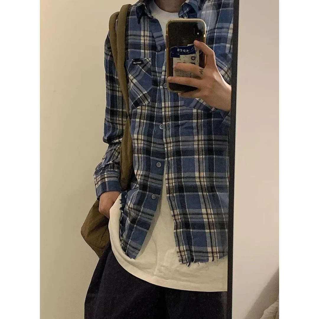 蓝色格子衬衫男女慵懒风复古开衫薄款上衣春秋季情侣休闲打底衬衣