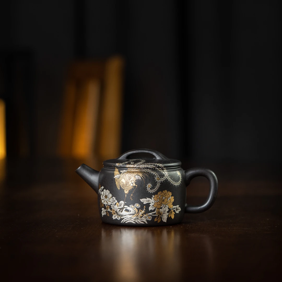 珽珽茶器 汉瓦（凤凰牡丹）蕴金 黑料150cc 家用紫砂壶tt1