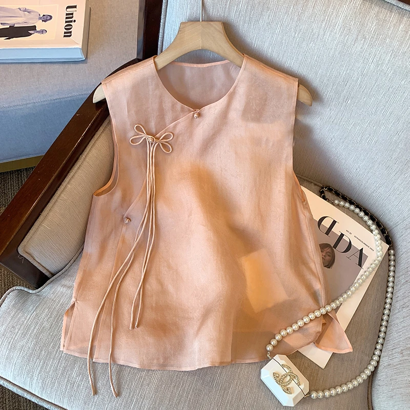 夏季宽松独特漂亮无袖背心上衣新中式国风斜襟盘扣设计感马甲女装