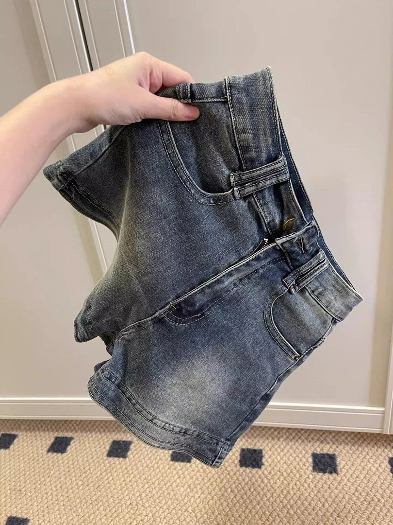 美式复古蓝牛仔短裤女夏季新款高腰弹力显瘦宽松a字小个子热裤子