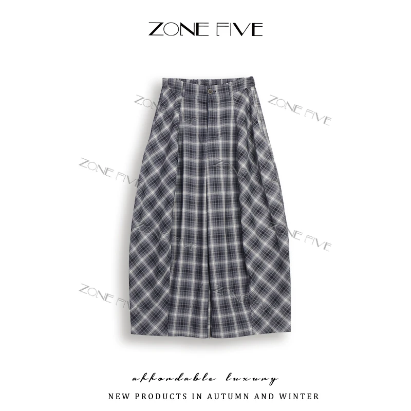 【zonefive】格子显瘦时尚百褶慵懒风不褪色学院风百搭休闲阔腿裤