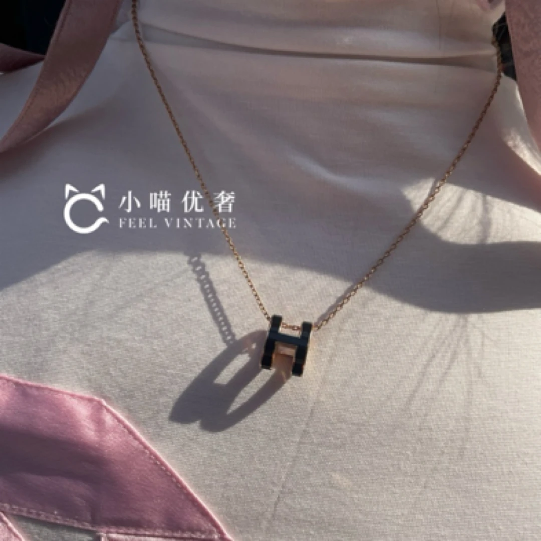 99新 Hermes/爱马仕 黑色玫瑰金色黑金poph大号项链全套字母经典