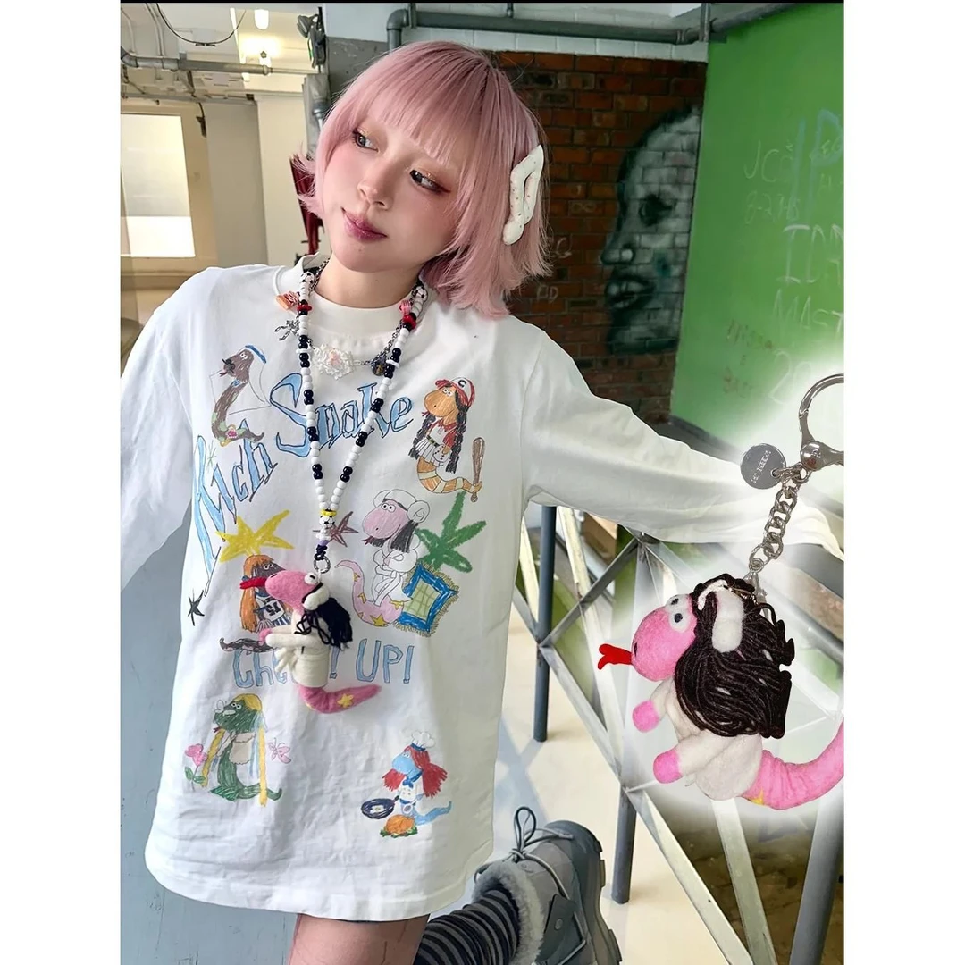 2025春秋时尚小众洋气蛇年印花宽松休闲慵懒圆领长袖潮流T恤女时