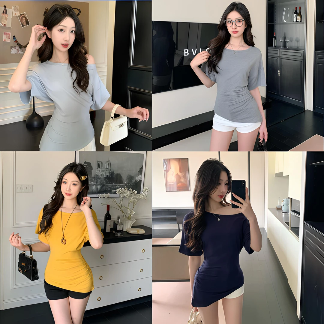 XIAO SISTERS/筱姐妹A083纯欲风一字肩短袖不规则收腰显瘦打底衫