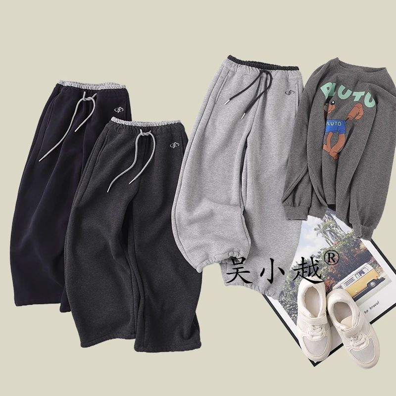 吴小越W1709男童加绒弯刀裤冬款儿童长裤男孩卫裤休闲灰色运动裤