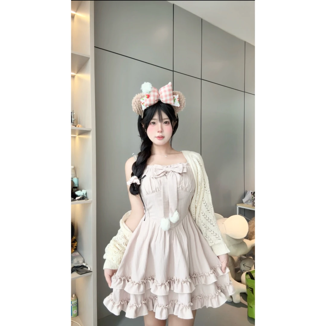 【蜜桃少女】10163 胖m新款早秋毛绒球蝴蝶结领口连衣裙搭针织开衫