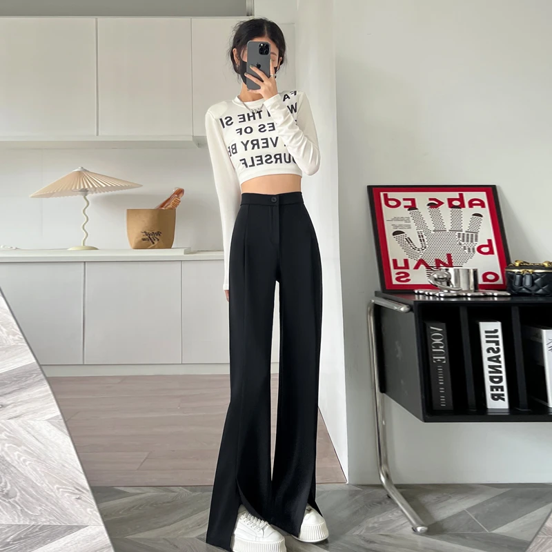 2025春夏新款高腰垂感直筒拖地开叉微喇叭阔腿西装裤女显瘦宽松