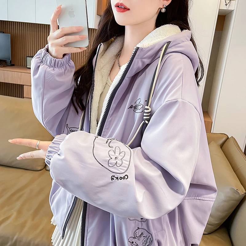 大童保暖外套2025冬季新款宽松初高中学生连帽加绒加厚卫衣棉服女