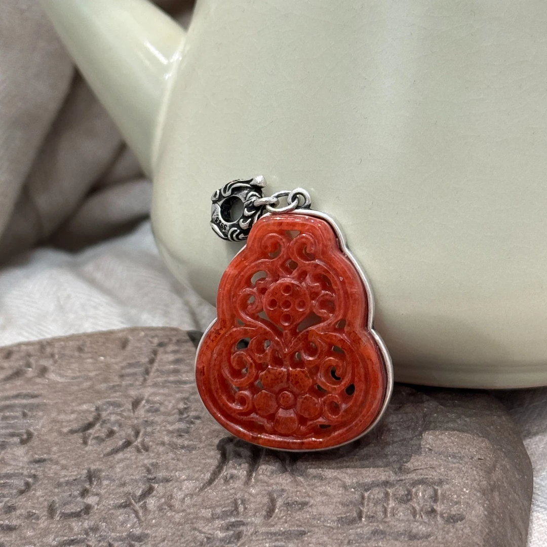 <一禅兄>S925银红翡翠雕花镂空葫芦吊坠复古精美古风挂坠深浅不一