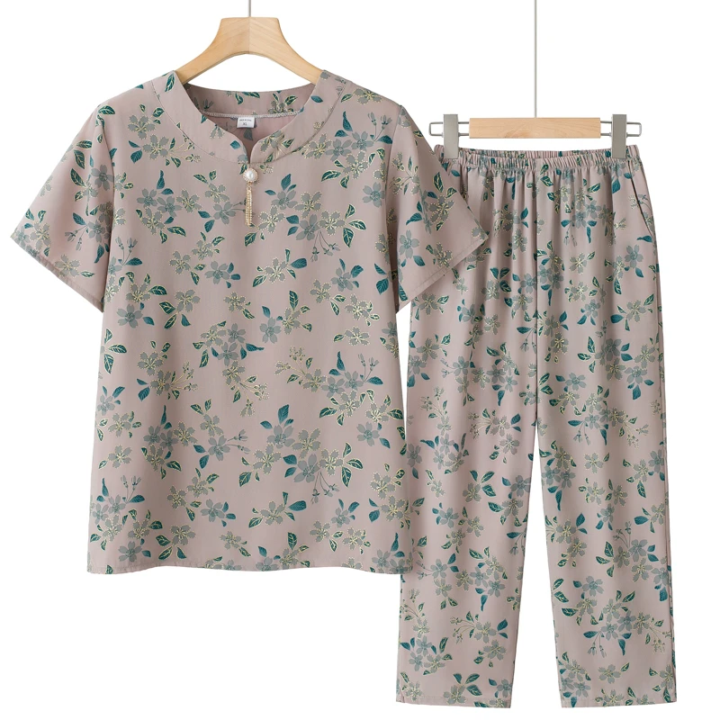 新款奶奶夏装套装夏季短袖上衣妈妈宽松两件套中老年大码洋气女装