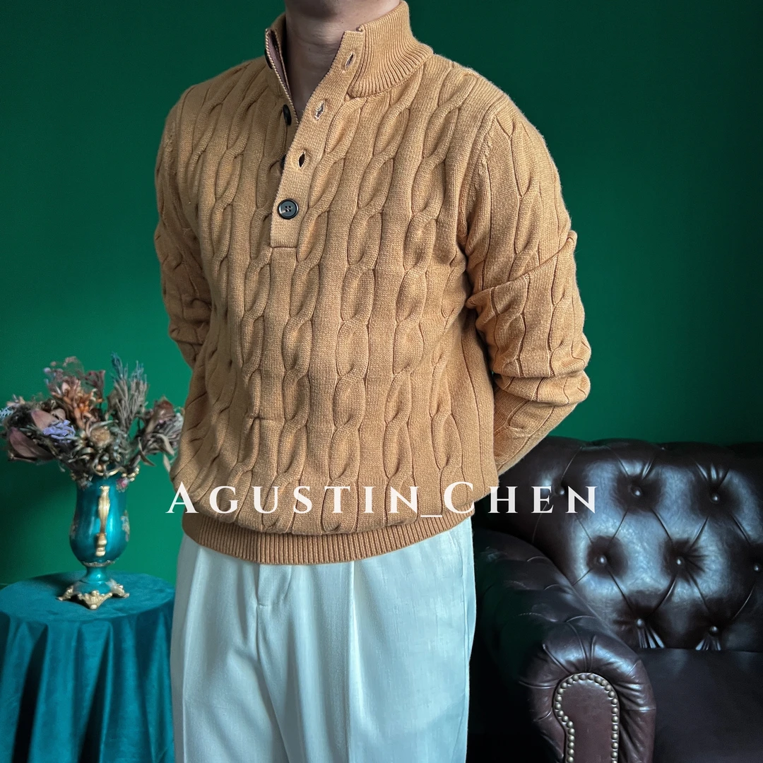 Agustin_Chen 秋冬意式老钱针织厚款半高领扭花男士复古套头毛衣