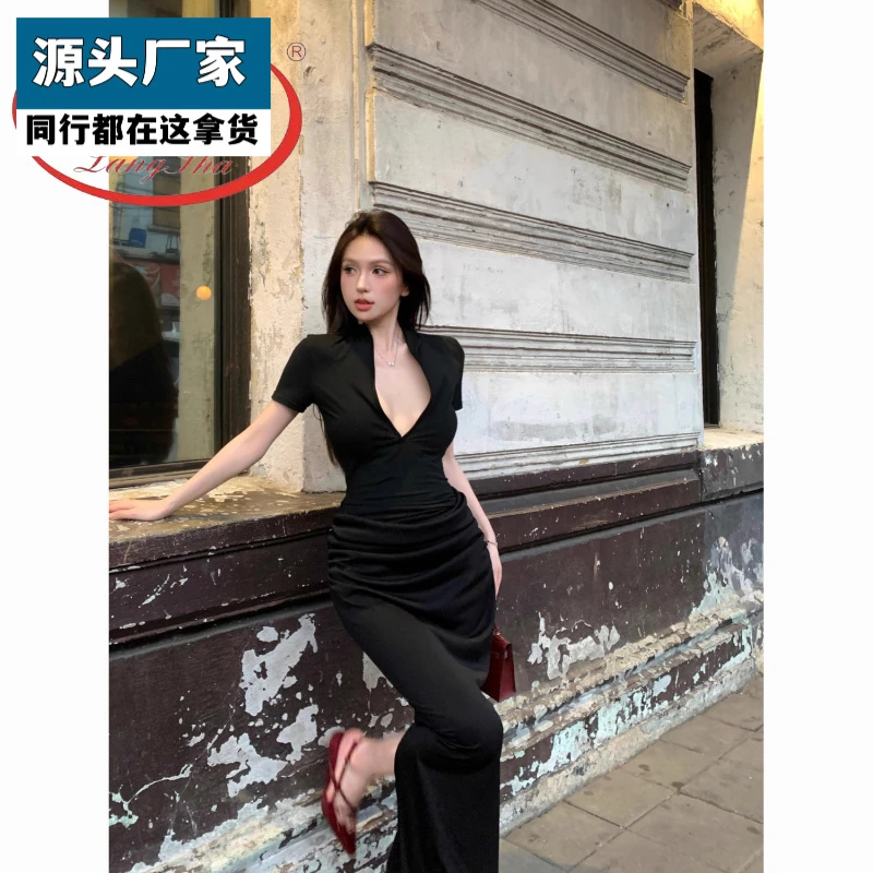 梵乐芬法式纯欲辣妹气质领褶皱短袖连衣裙女夏修身显瘦开叉收腰中