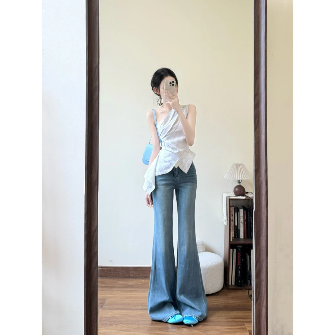 INS CEC纯欲性感时尚气质斜肩吊带上衣女辣妹高腰微喇牛仔裤套装