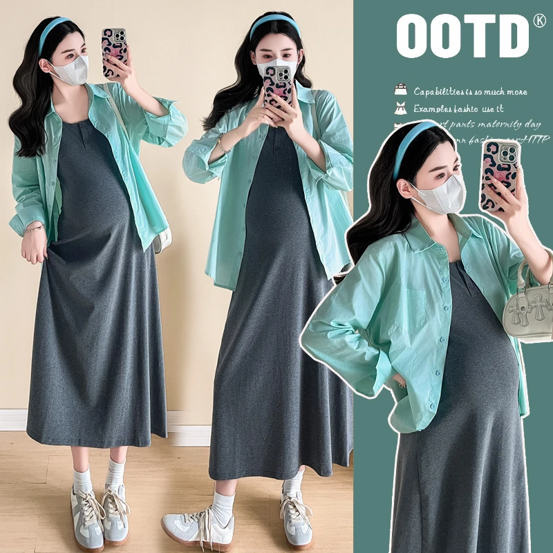 孕妇套装女2025新款爆款洋气衬衫宽松中长款连衣裙休闲两件套春装
