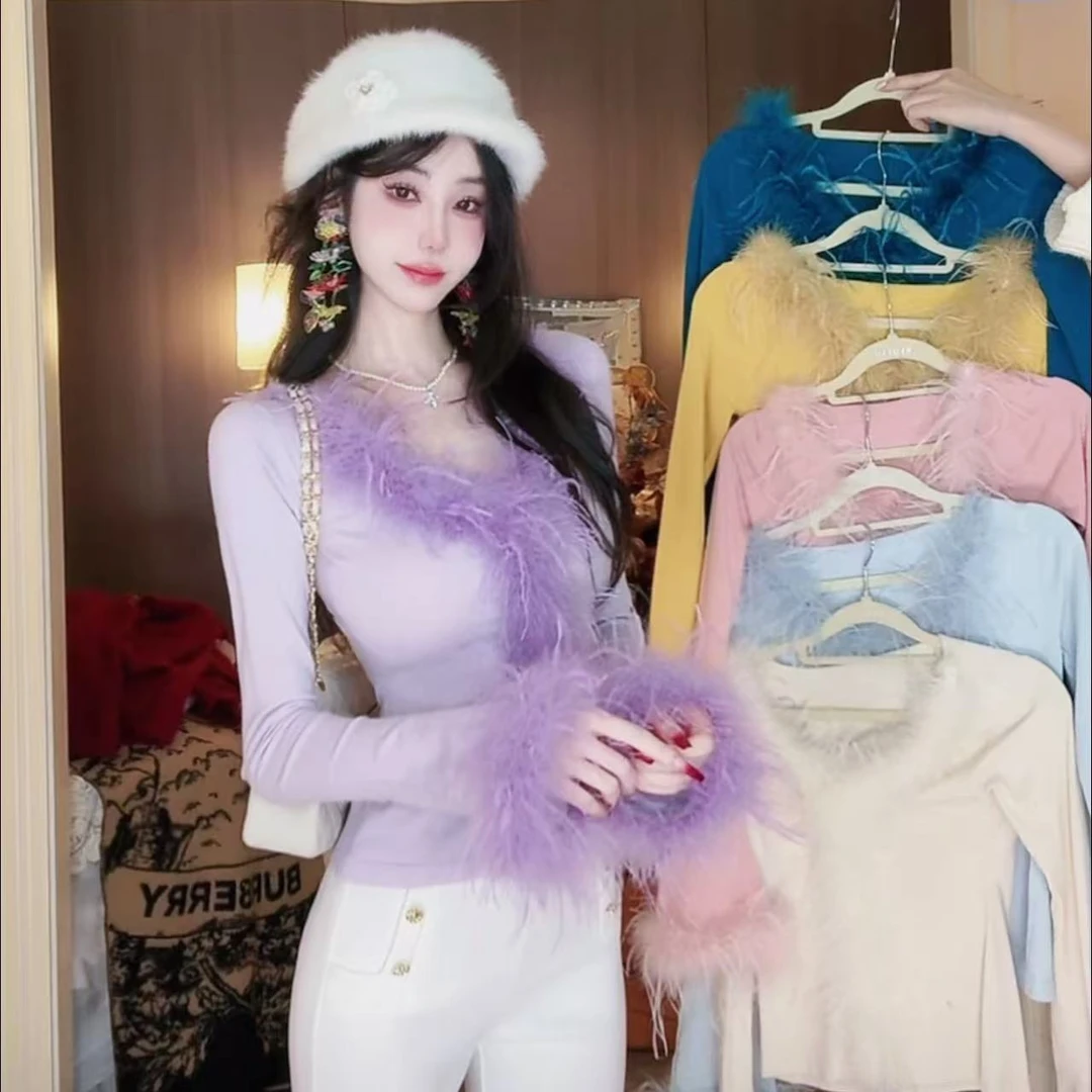 【宠粉专场】灵气女孩 复古甜辣感V领针织拼毛上衣DYYY-24115646