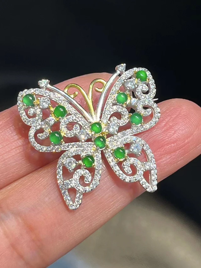 天然翡翠A货高冰种满色蝴蝶胸针吊坠两用款