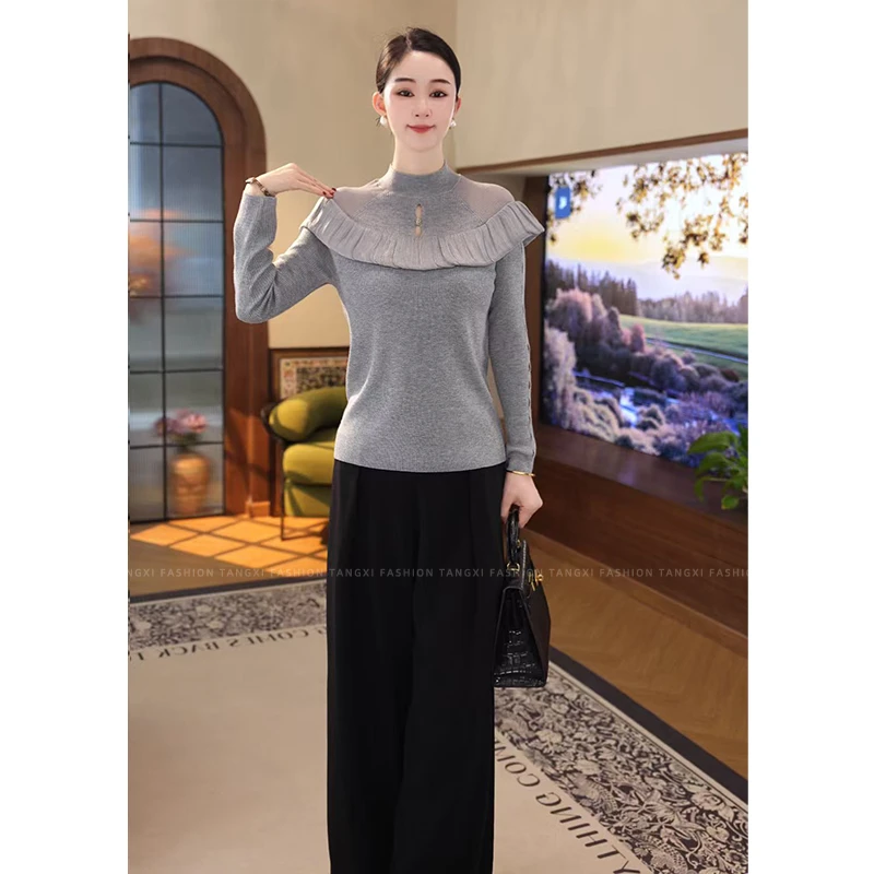 2025秋冬新款【8277】含绵羊毛轻奢洋气时尚拼接半高领针织毛衣女装