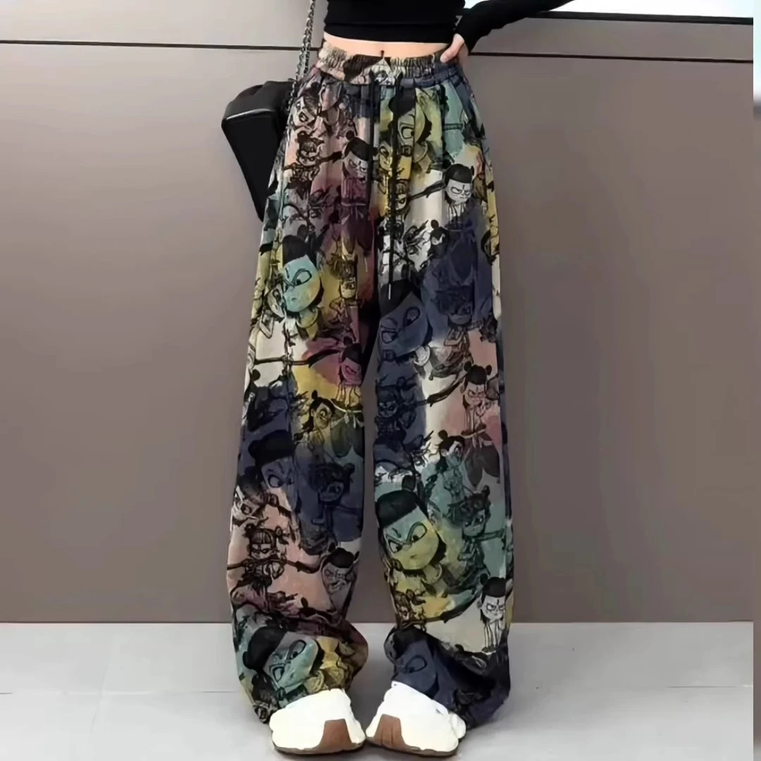 扎染渐变魔童哪吒印花直筒裤女2025年夏季新款薄款宽松阔腿山本裤