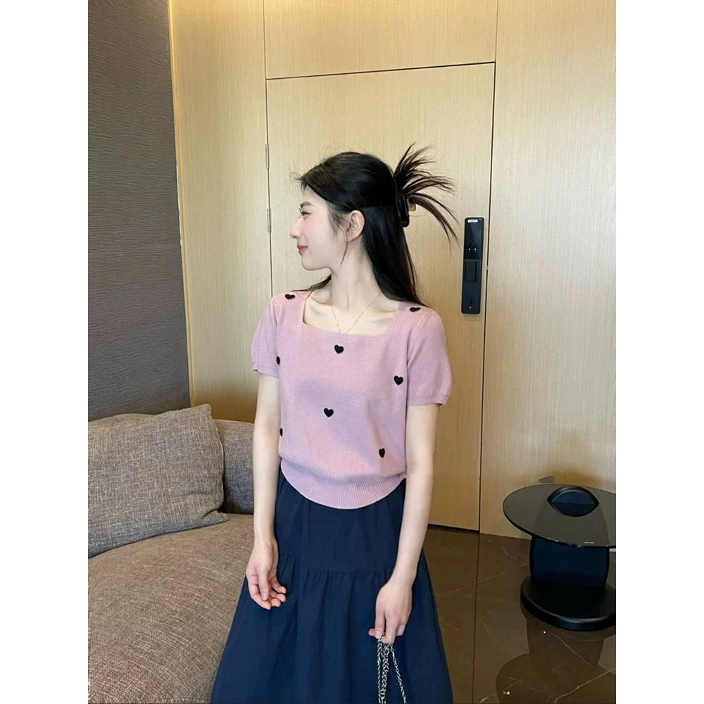 夏季薄款冰丝针织衫短袖T恤高腰短款上衣女爱心刺绣设计感小众潮
