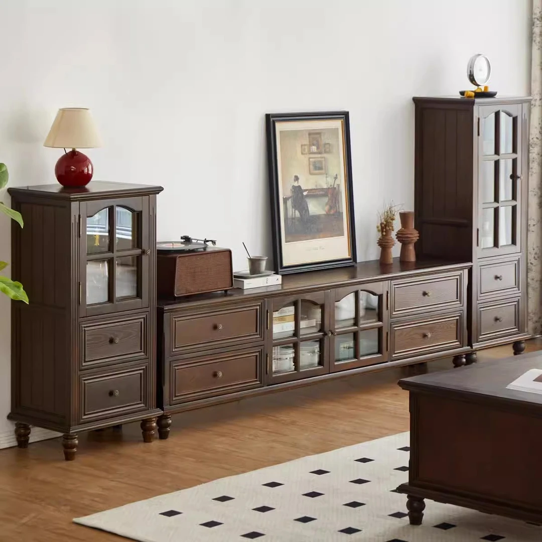 美式乡村全实木胡桃色电视柜组合客厅小户型地柜茶几组合墙电视机