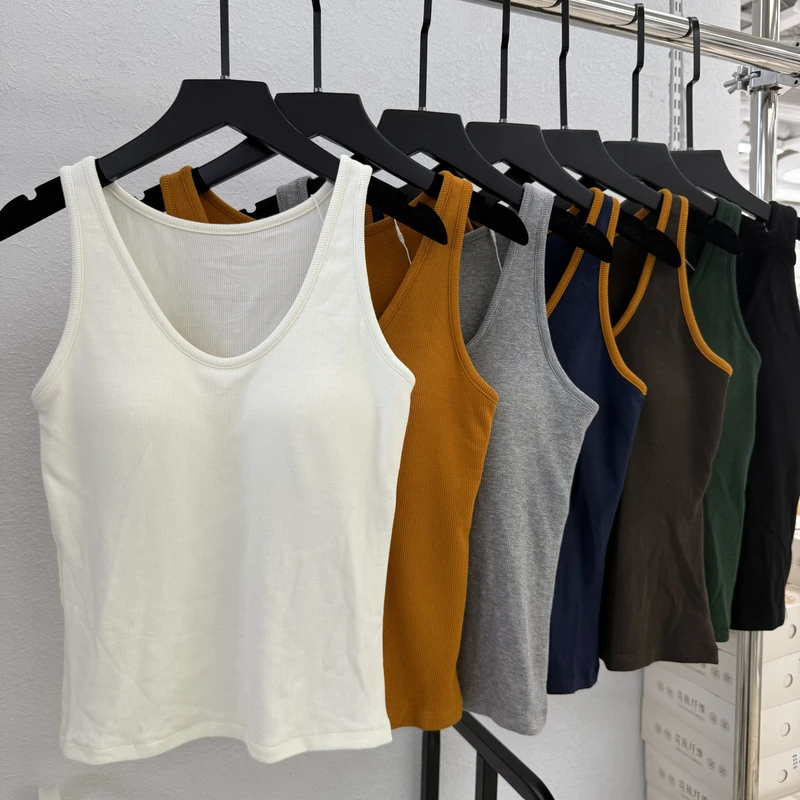 螺纹磨毛保暖背心一体杯胸垫宽肩带舒适圆领背心女士无痕打底内衣